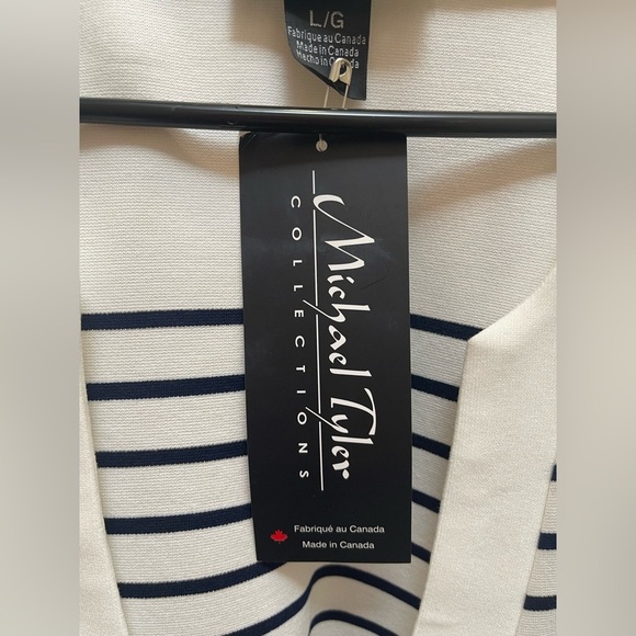 New Michael Tyler Womens Open Cardigan Navy Blue Ivory Striped Office Style Lg - Picture 8 of 10